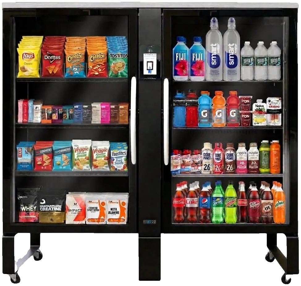 Low-profile cabinet cooler with two glass doors