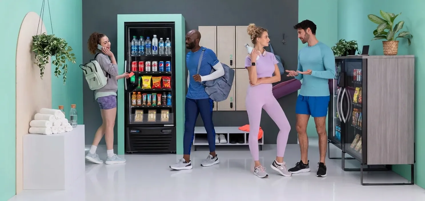 Gym members using a SoCal Grab & Go smart cooler and cabinet cooler